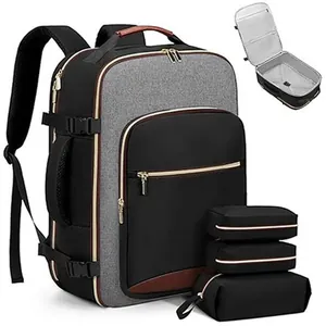 Large carry-on travel backpack set with three matching storage packing cubes set