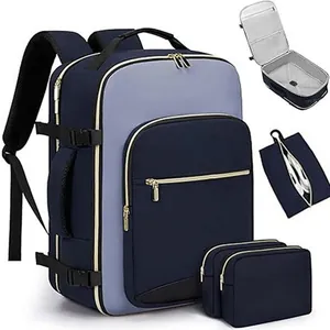 Multi-piece travel backpack set featuring color-block design and internal storage views.