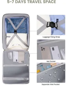 Travel backpack detail showing luggage fixing strap, net pocket and separate wet pocket.