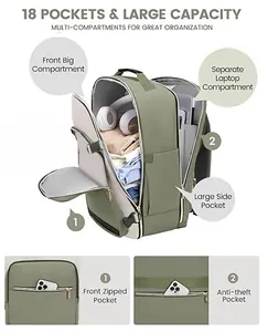 Travel backpack detail showing 18 pockets, large capacity, and separate laptop compartment.