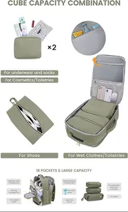 Detailed view of functional travel backpack set showing 18 pockets and internal organizers.