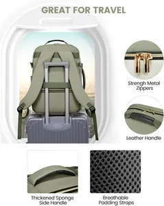 Detailed view of travel backpack features including metal zippers and breathable straps.