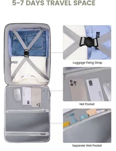 Internal compartments of large travel backpack featuring wet pocket and fixing strap