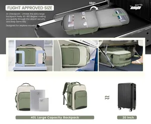 Detail view of 40L travel backpack showing 180-degree flat opening and laptop storage