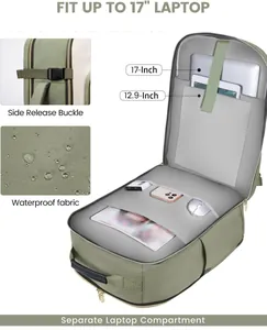 Detailed view of sage green travel backpack internal storage and waterproof fabric features.