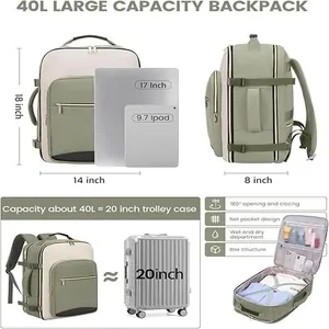 40L large travel backpack detailing its 17-inch laptop fit and 180-degree opening