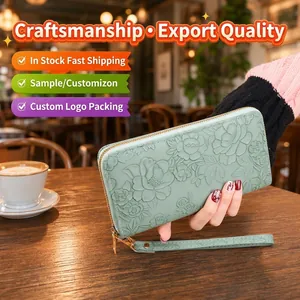 Women Long Zip Around Wallet Clutch PU Leather Flower Embossed Large Capacity Phone Holder Handbag With Wristlet Strap