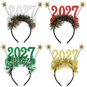 Set of four colorful 2027 New Year headbands with glitter numbers and tinsel.
