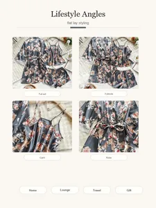 Detailansicht des floralen 3-teiligen Satin-Morgensmantels und Pyjama-Sets für Damen.