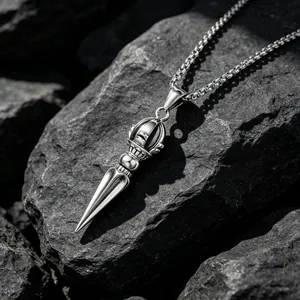 Vintage stainless steel vajra lotus pendant necklace on rock background for men and women
