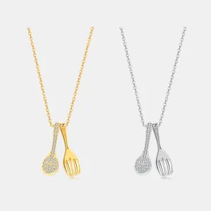 S925 Sterling Silver Creative Spoon Fork Pendant Necklace Sparkling Zirconia Inlaid Adjustable Clavicle Chain Jewelry For Women