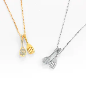 S925 sterling silver spoon and fork necklace with micro-pavé cubic zirconia stones