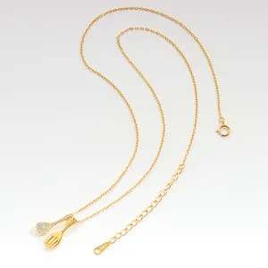 Gold S925 sterling silver spoon and fork pendant necklace with sparkling pavé stones