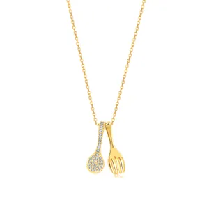 Dainty S925 sterling silver necklace with pavé spoon and fork pendants for women