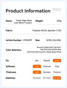 Detailed product specifications showing fabric composition and fit for yoga pants