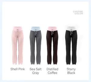 Detailed view of high-waisted yoga pants in four contrast colors with drawstrings