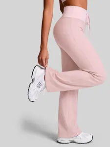 High-waisted pink yoga pants with drawstring and slightly flared straight leg design