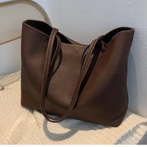 Minimalist Lychee Pattern PU Leather Tote Bag And Pouch Large Capacity Commuting Shoulder Handbag For Women Chic