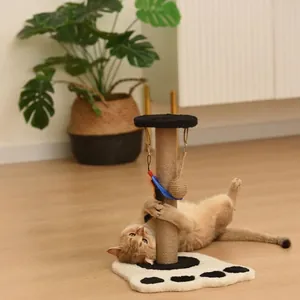 Natural sisal cat scratching post with paw-shaped base and toy ball attachment
