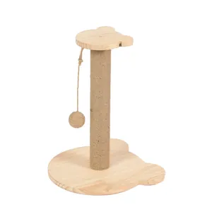 Minimalist solid wood cat scratching post with sisal rope and hanging teaser ball toy