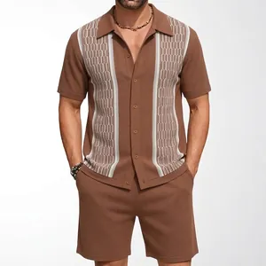 Men's Casual Knit Set Summer Short Sleeve Contrast Jacquard Knit Cardigan And Shorts Vintage Viscose Streetwear Outfits Top And Bottom