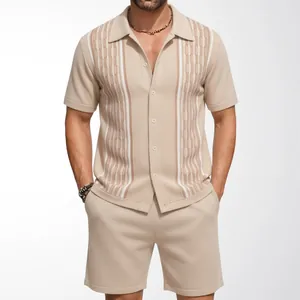 Men's beige knitted 2-piece set with jacquard short-sleeve cardigan and matching shorts.