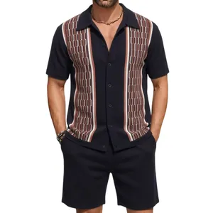 Men's casual knit set with short sleeve contrast jacquard polo shirt and matching shorts
