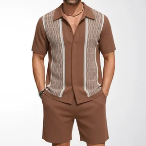 Men's brown short-sleeve knitted leisure set featuring elegant vertical jacquard patterns