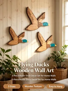 Three-piece rustic wooden flying mallard duck wall art set for stylish home decoration