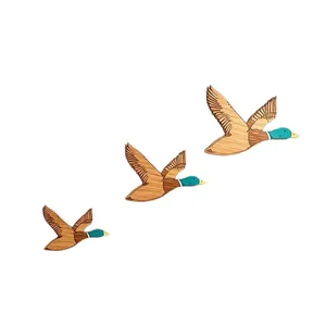 Set of three handmade wooden flying mallard duck wall hanging decorations for home decor