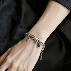 Bracciale a catena vintage in argento per donna con ciondoli a cuore e croce hip-hop