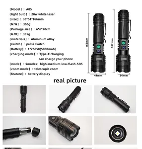 Specifiche dettagliate e foto reali di una potente torcia a LED in lega di alluminio.