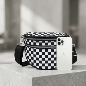 Checkerboard Crossbody Bag Women Canvas Shoulder Chest Pack Double Zipper Adjustable Strap Streetwear Casual Versatile