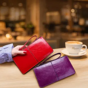 Damen Lange Reißverschluss Geldbörse PU Leder Öl Wachs Textur Große Kapazität Multi Kartenfächer Clutch Tasche Mit Handschlaufe