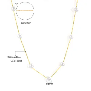 Detailweergave van een vergulde roestvrijstalen ketting met 6mm parels en afmetingen