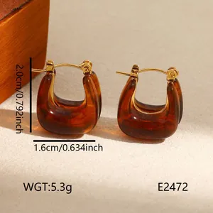 Retro Maillard style tortoiseshell amber resin hoop earrings in stainless steel.