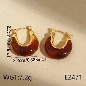 Retro brown amber resin gold stainless steel hoop earrings with weight and size details