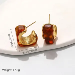 Retro amber acetate and gold-tone stainless steel hoop earrings with size details