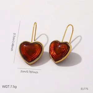 Vintage brown heart earrings in stainless steel with Maillard style, 3.7cm length.