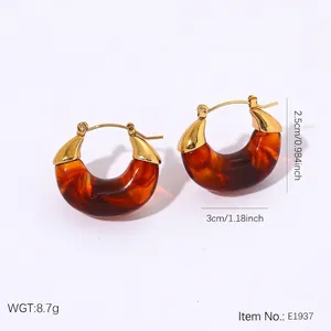Vintage Maillard amber resin crescent hoop earrings in stainless steel gold finish