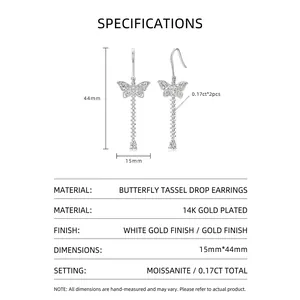 Detailed product specifications for butterfly tassel moissanite earrings with 14K gold plating.