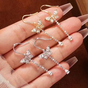 Sweet Butterfly Tassel Ear Hooks With Moissanite Copper Gold Silver Plated Dangle Earrings For Women Ins Style Jewelry