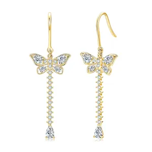 Elegant gold-plated butterfly tassel earrings adorned with sparkling moissanite stones