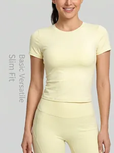 Camiseta de yoga de secado rápido para mujer top deportivo amarillo pálido manga corta