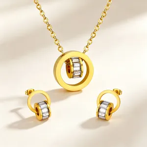Gold Plated Stainless Steel Cubic Zirconia Necklace And Stud Earrings For Women Trendy Geometric Circle Jewelry Gift