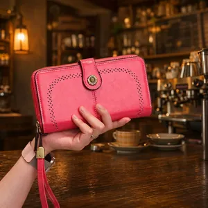 Portefeuille Long Femme Cuir PU Boucle Tournesol Design Creux Pochette Poignet Élégant Mode Multi Emplacements Cartes Fermeture Éclair