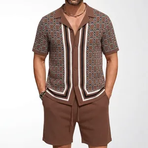 Herren Kubanischer Kragen Strick Oberteil Und Unterteil Sommer Jacquard Kurzarm Hemd Und Shorts Viskose Lässiges Outfit