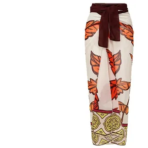 Elegant maple leaf print beach sarong wrap skirt with dark red waist tie for resort