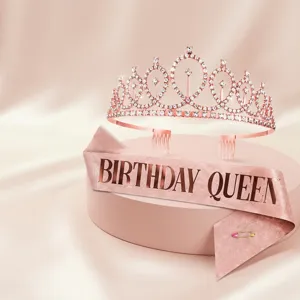 Rhinestone Tiara Crown And Birthday Girl Sash With Safety Pin For Birthday Party Celebration Elegant Alloy Headwear