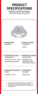 Gedetailleerde specificaties voor een S925 zilveren ring met moissaniet halo.